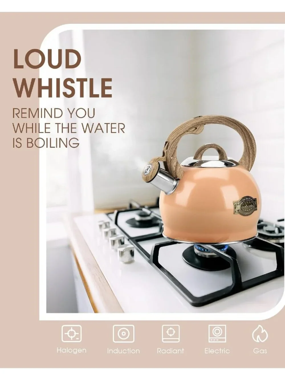 Peachy Whistling Tea kettles 2.1 Quart Stainless Steel Stovetop with Wood Handle